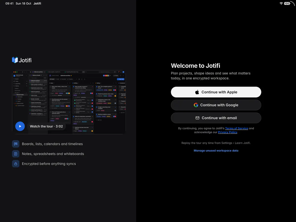The Welcome to Jotifi screen with the tour and the Continue with Apple, Google and email buttons (an iPad)