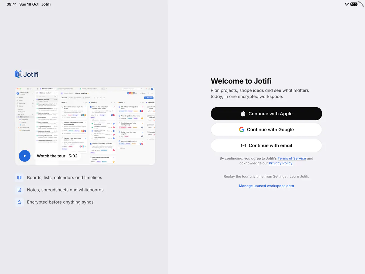 The Welcome to Jotifi screen with the tour and the Continue with Apple, Google and email buttons (an iPad)