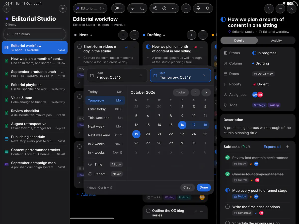 The dates picker with a start and a due date, quick choices, a month and the time and repeat settings (an iPad)