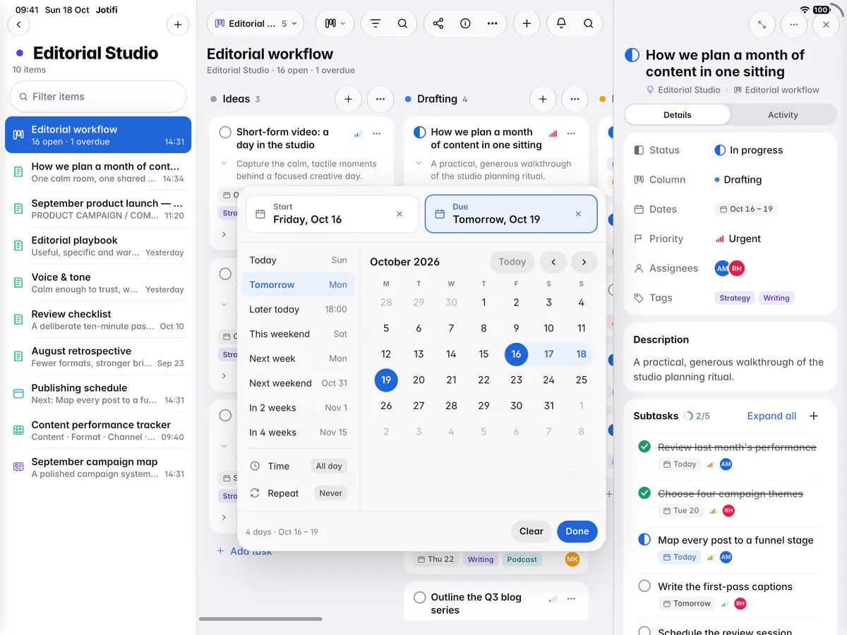 The dates picker with a start and a due date, quick choices, a month and the time and repeat settings (an iPad)