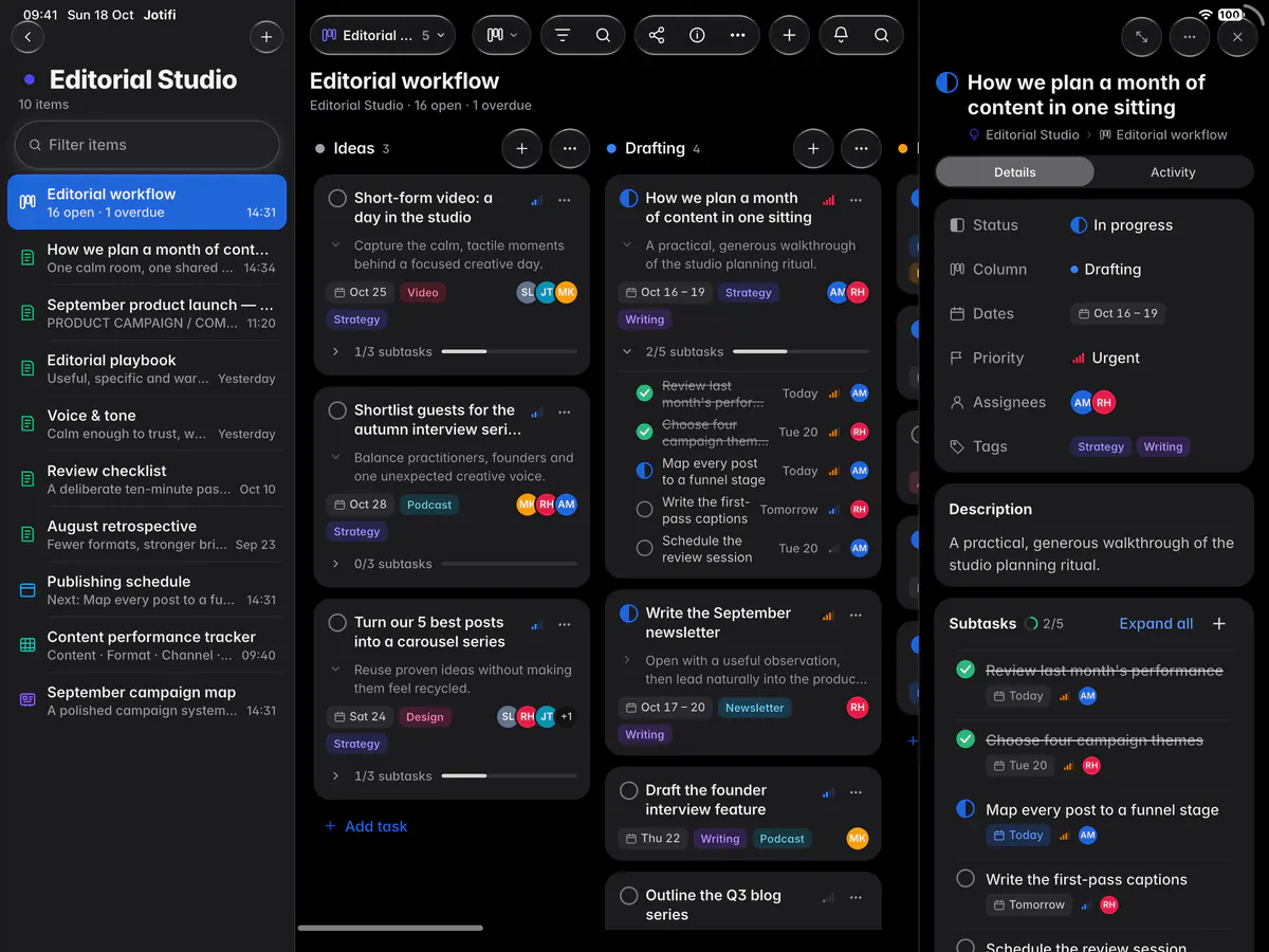 An open task with its status, column, dates, priority, people, tags, description and subtasks (an iPad)