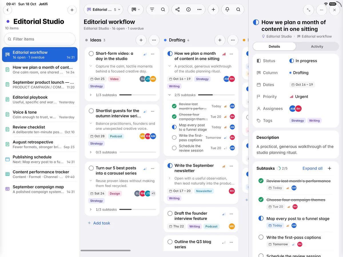 An open task with its status, column, dates, priority, people, tags, description and subtasks (an iPad)
