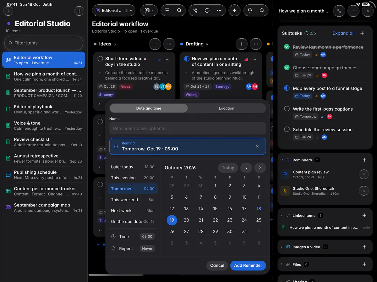 The reminder editor with Date and time selected, quick choices, a month and the time (an iPad)