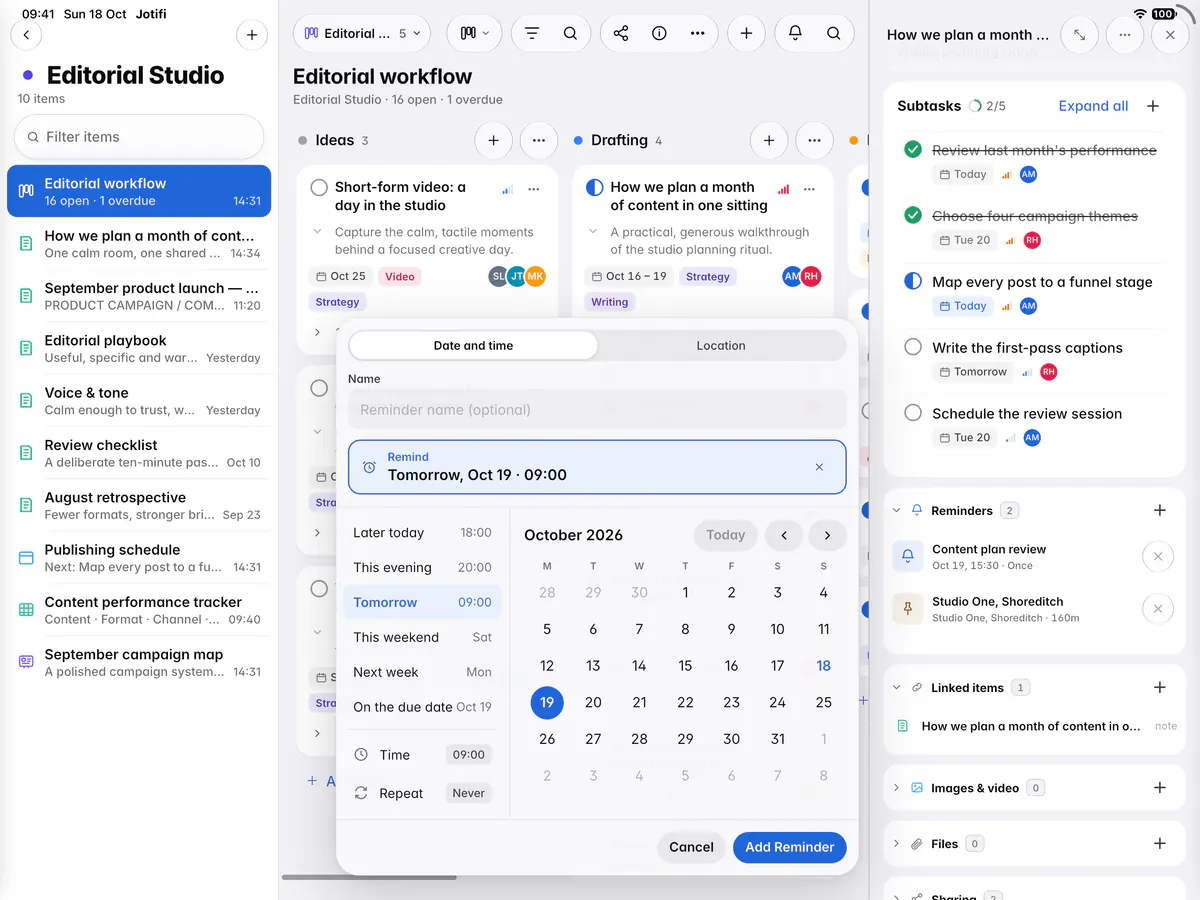 The reminder editor with Date and time selected, quick choices, a month and the time (an iPad)