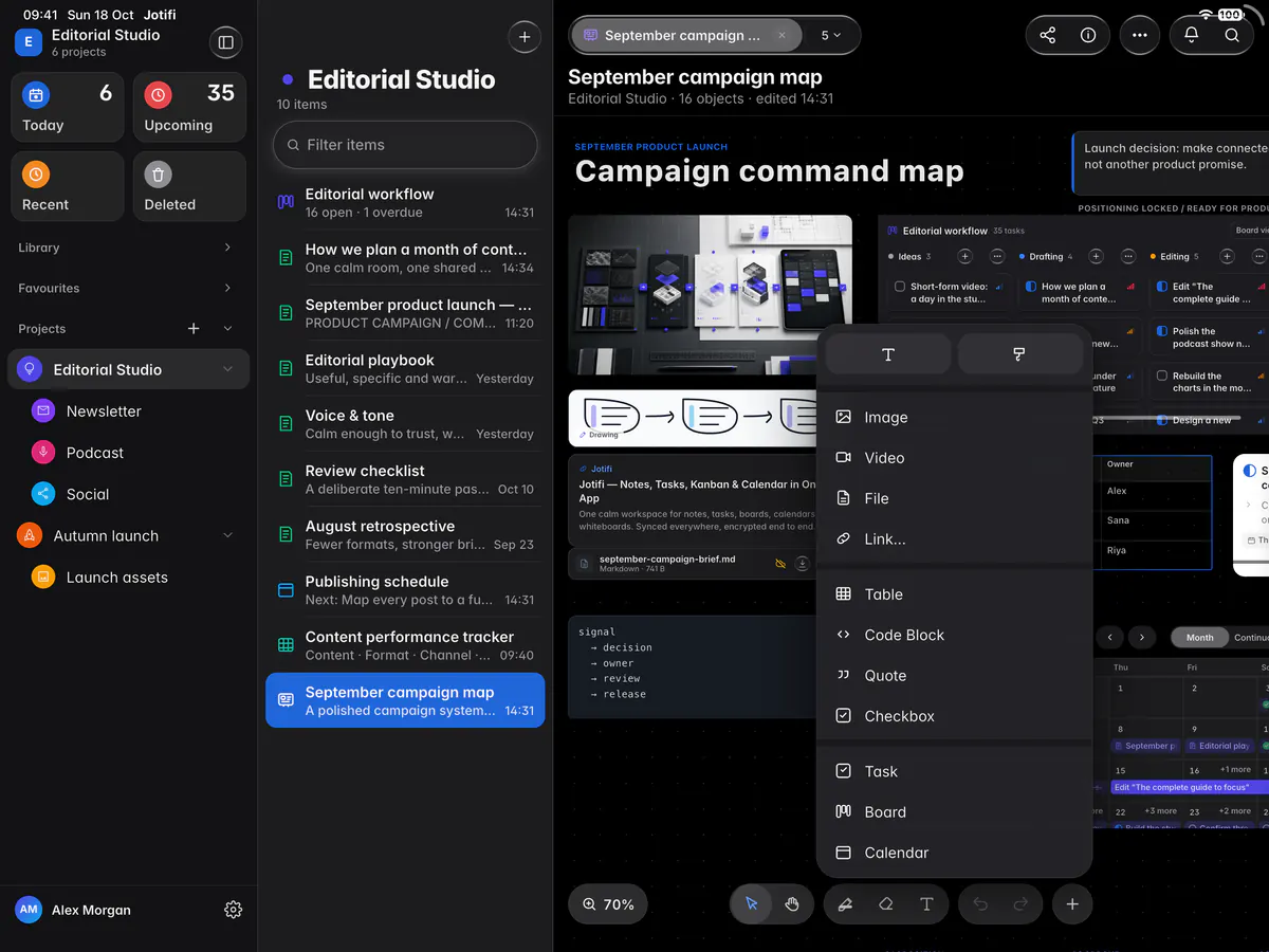 The Add menu with text and drawing, media, blocks and items from Jotifi (an iPad)