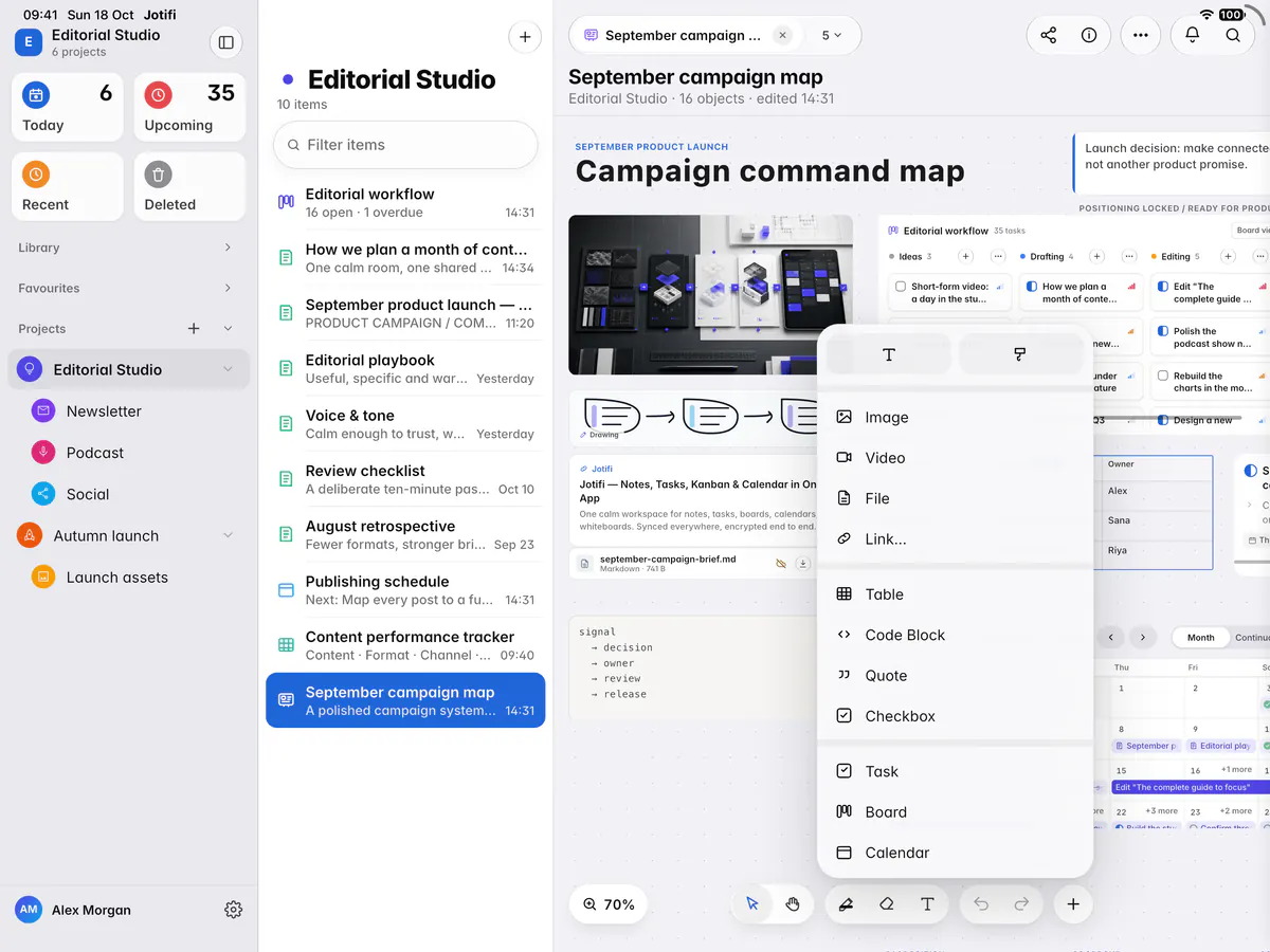 The Add menu with text and drawing, media, blocks and items from Jotifi (an iPad)