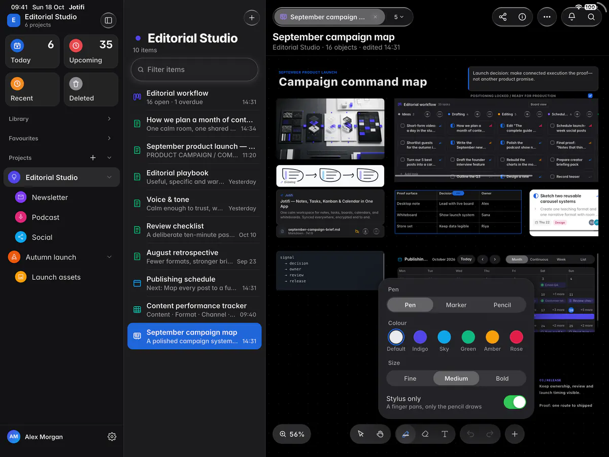 The ink options with Pen, Marker and Pencil, six colours and three sizes (an iPad)