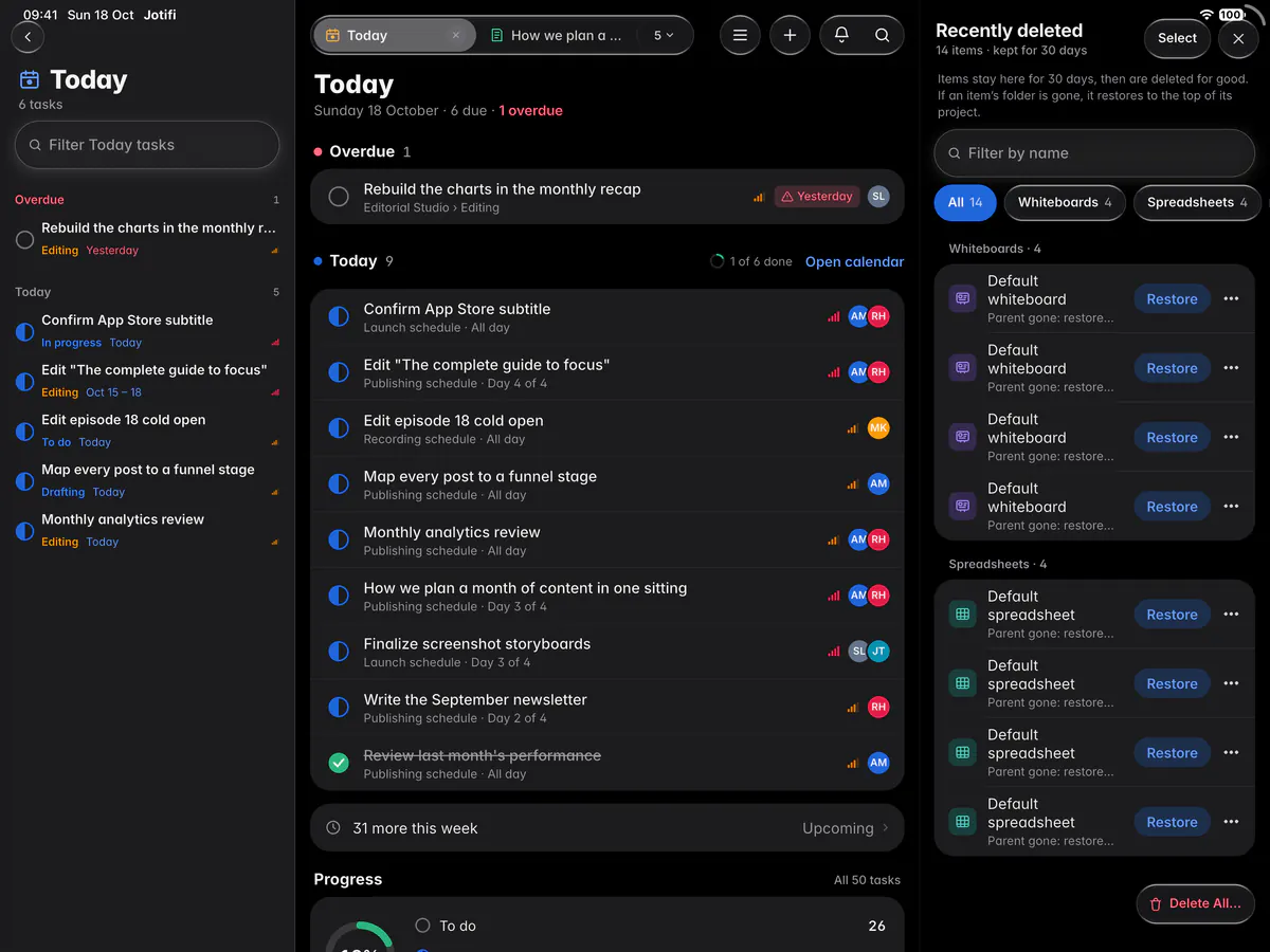 Recently deleted, grouped by type, with Restore beside each item (an iPad)