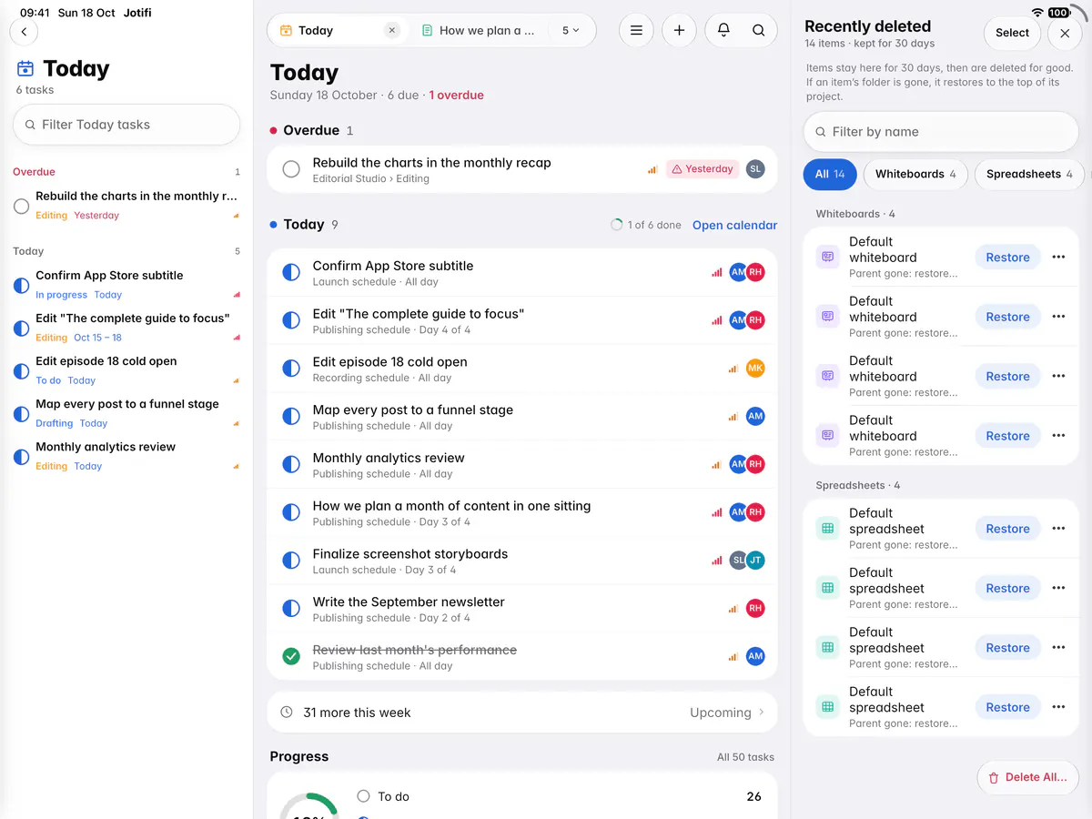 Recently deleted, grouped by type, with Restore beside each item (an iPad)