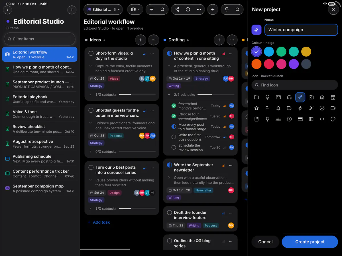 The New project form with a name, ten colours and a grid of icons (an iPad)