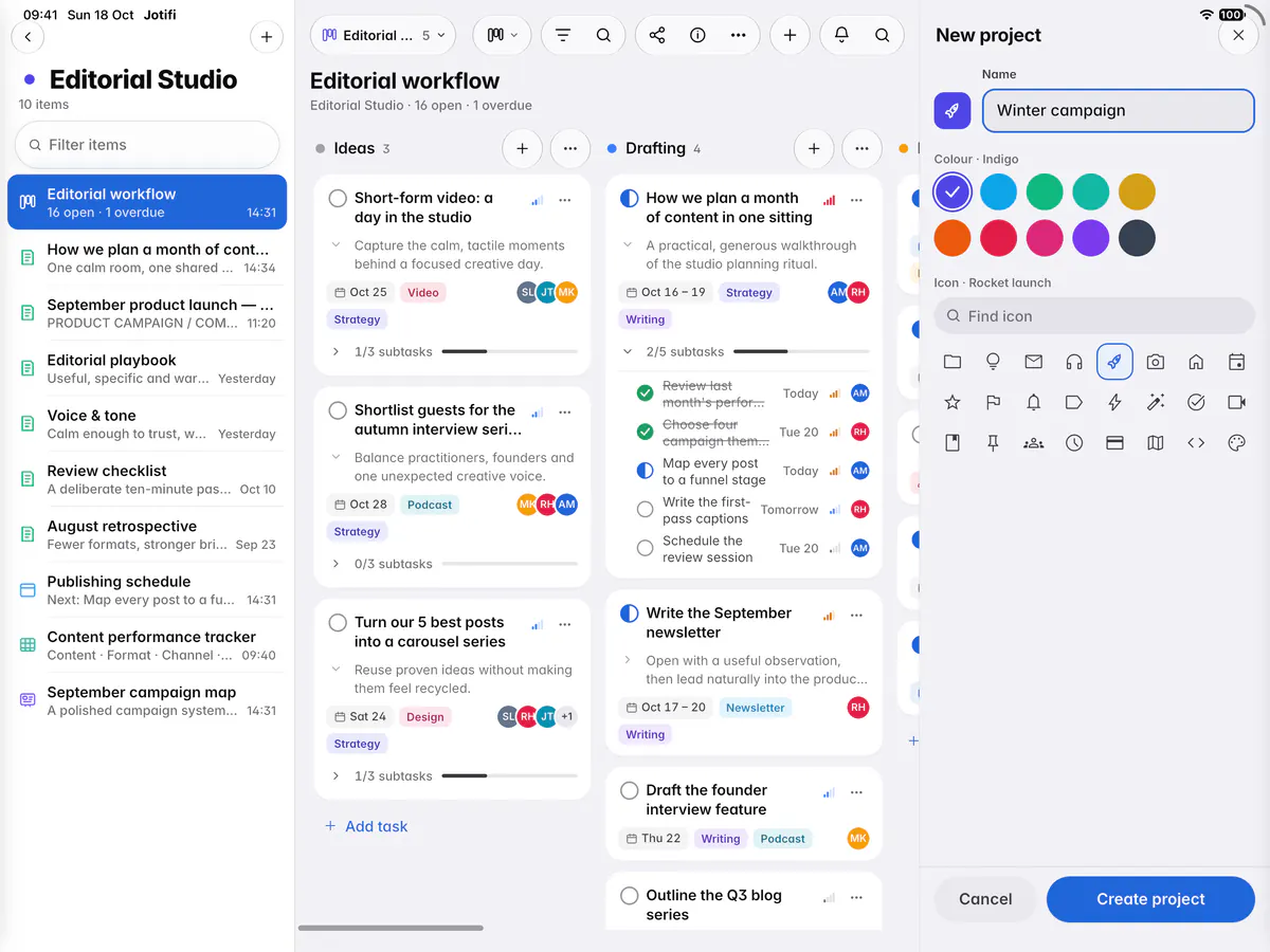 The New project form with a name, ten colours and a grid of icons (an iPad)