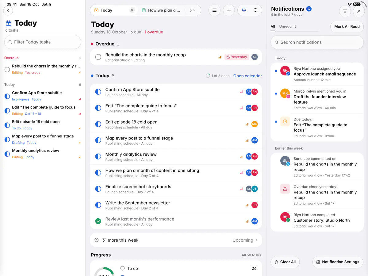 The notification history with assignments, mentions and reminders, grouped by day (an iPad)