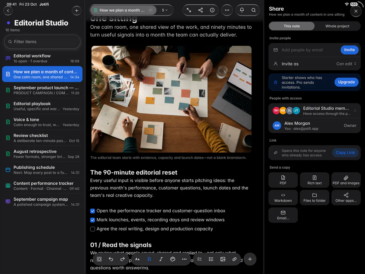 The Share pane with Invite people, the Invite as role, the people with access and pending invitations (an iPad)