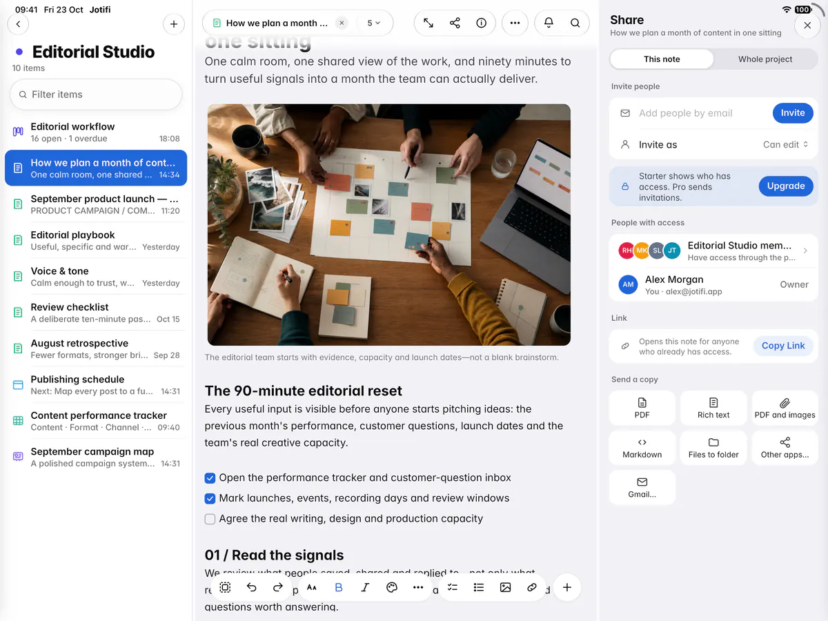 The Share pane with Invite people, the Invite as role, the people with access and pending invitations (an iPad)