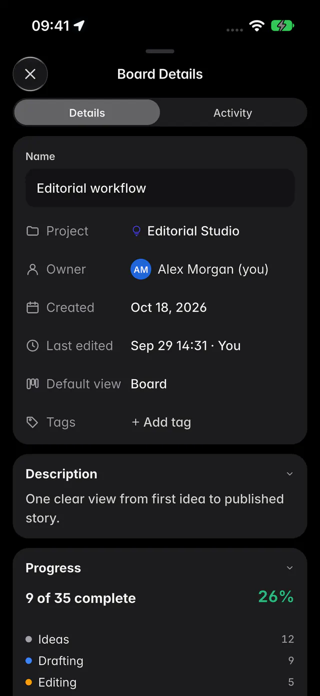 Board details with progress by column and each person's workload (an iPhone)