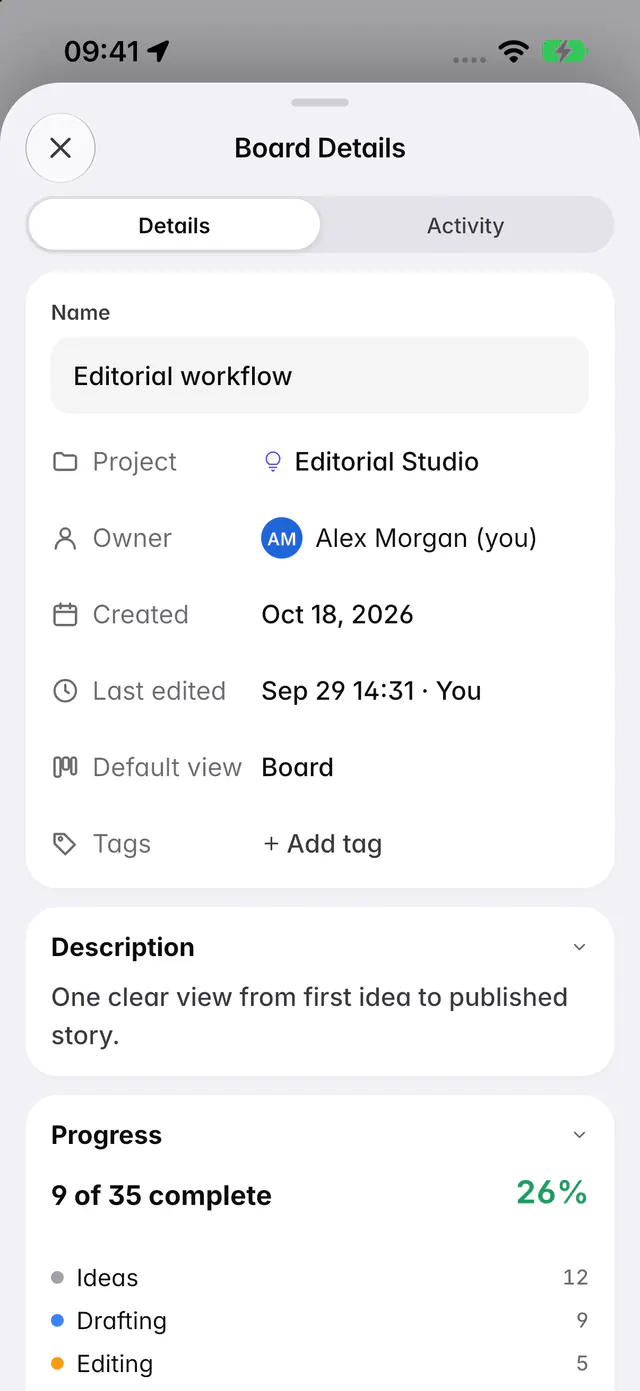 Board details with progress by column and each person's workload (an iPhone)