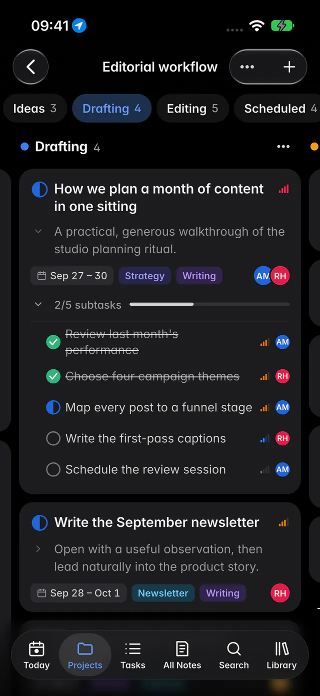 A board with Ideas, Drafting and Editing columns of task cards (an iPhone)