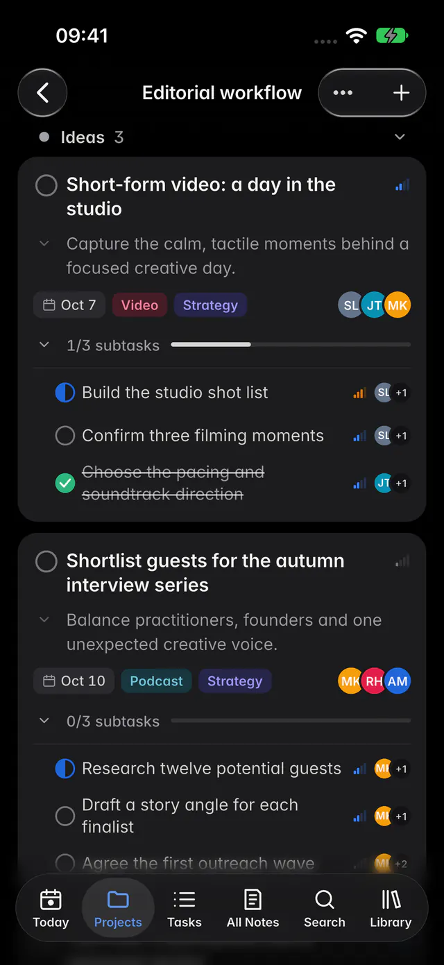 The board as a list, grouped by column, with tags, priority, due dates and people (an iPhone)