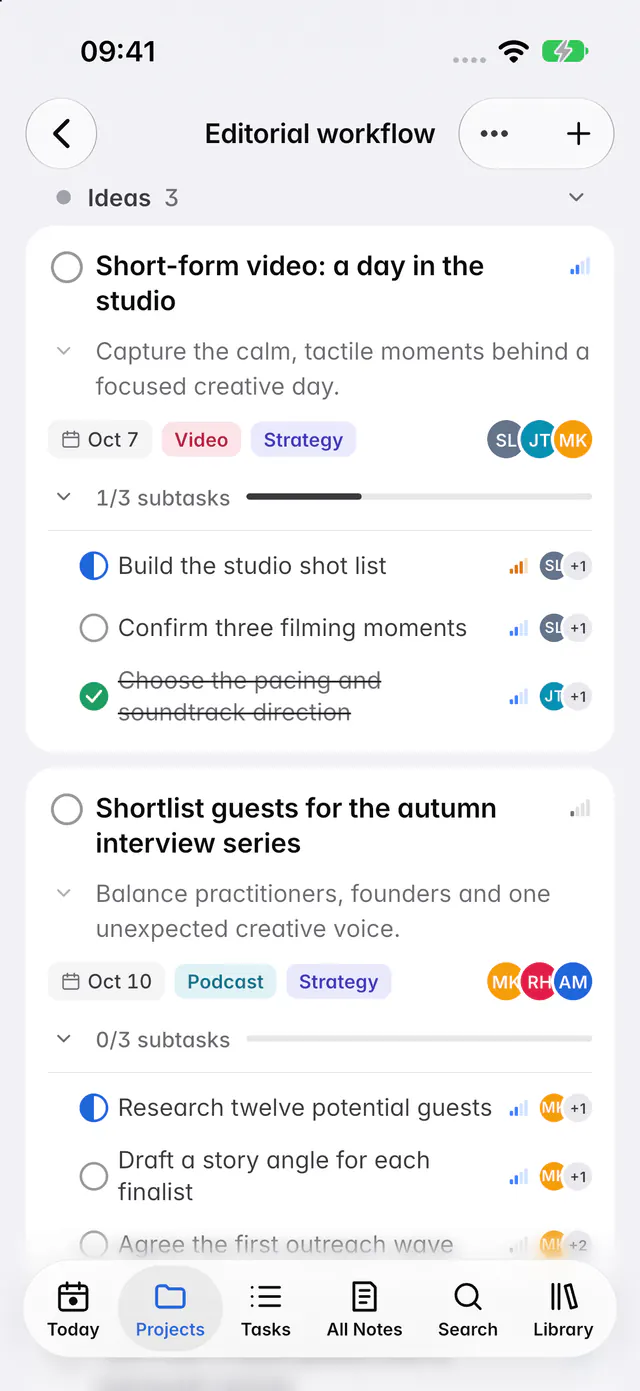 The board as a list, grouped by column, with tags, priority, due dates and people (an iPhone)