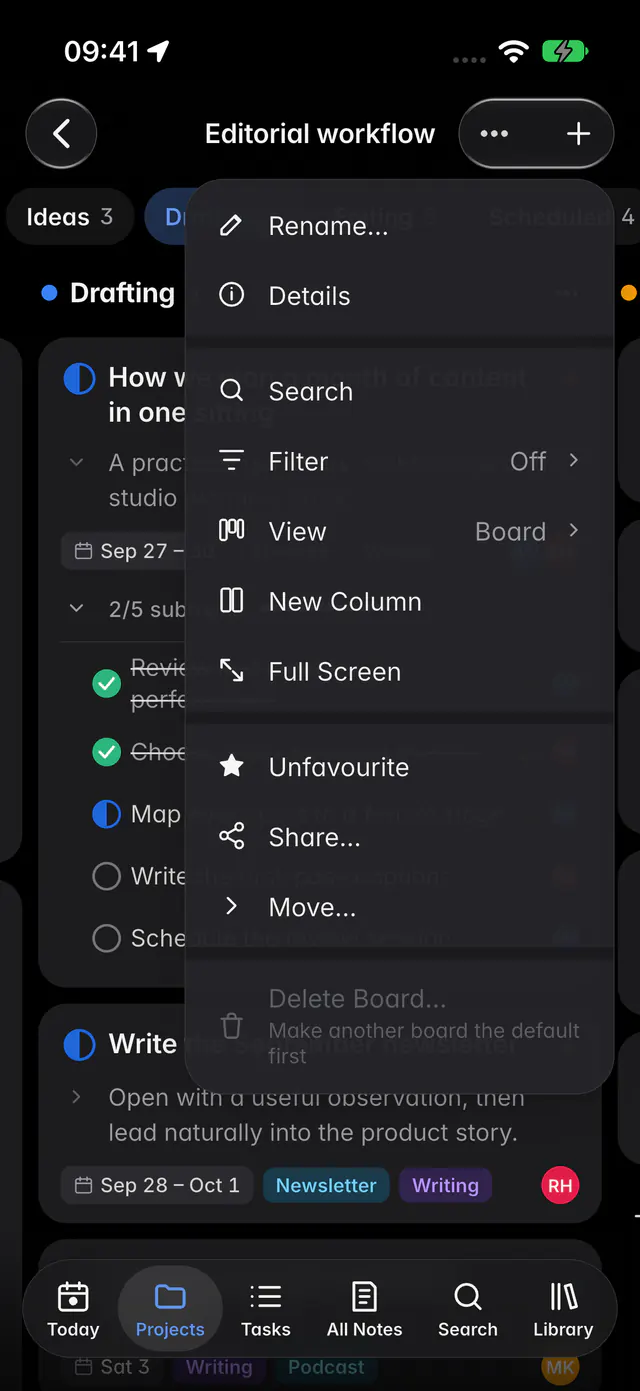 The board's view options for filtering, grouping, sorting and the fields shown on cards (an iPhone)