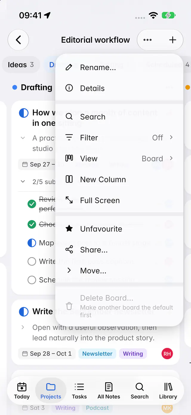 The board's view options for filtering, grouping, sorting and the fields shown on cards (an iPhone)