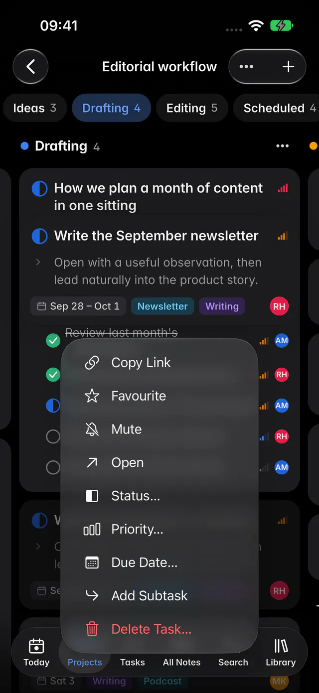 A card's menu with Open, Status, Priority, Due date, Add subtask and Delete task (an iPhone)