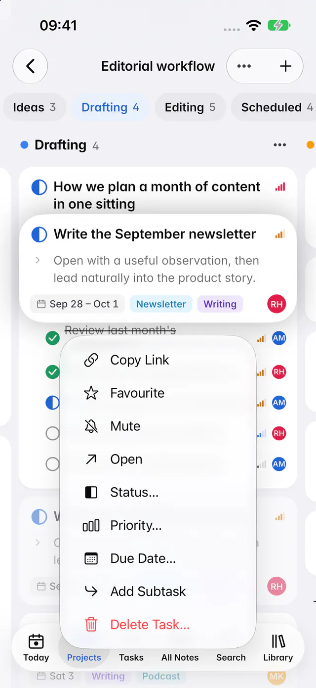 A card's menu with Open, Status, Priority, Due date, Add subtask and Delete task (an iPhone)