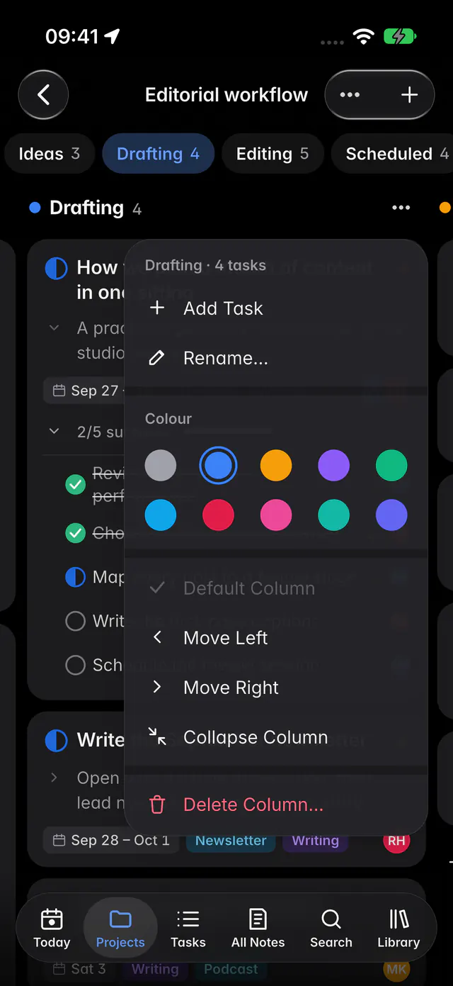 A column's menu with Add task, Rename, Colour, Move left, Move right, Collapse and Delete (an iPhone)