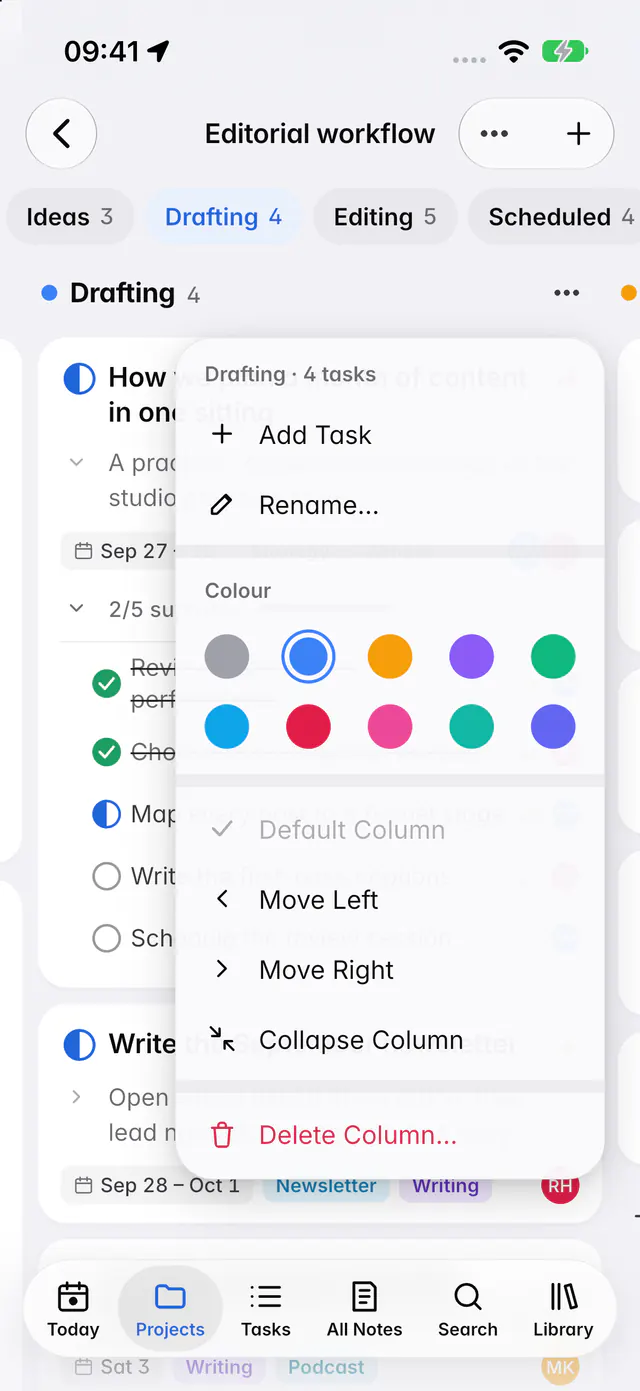 A column's menu with Add task, Rename, Colour, Move left, Move right, Collapse and Delete (an iPhone)