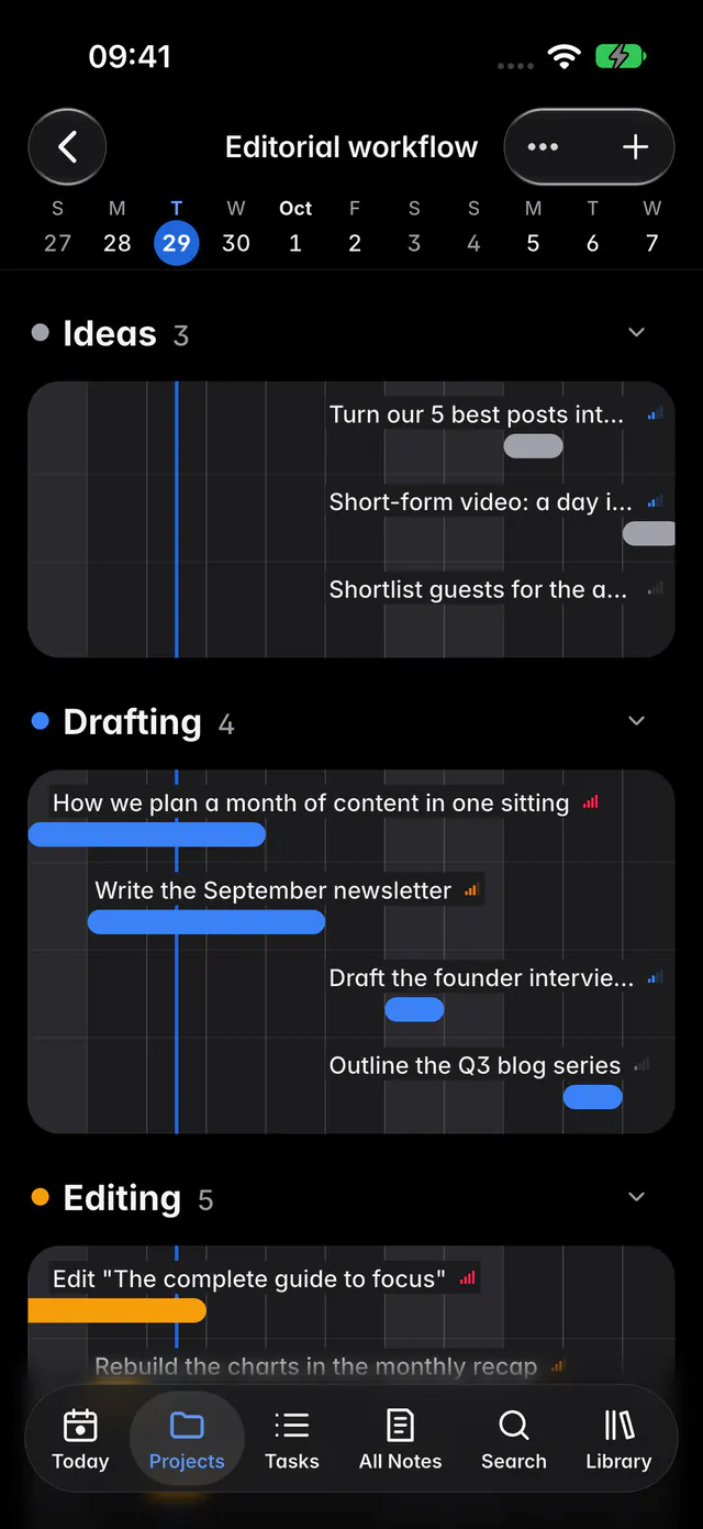The board as a timeline, with each task as a bar across the dates (an iPhone)