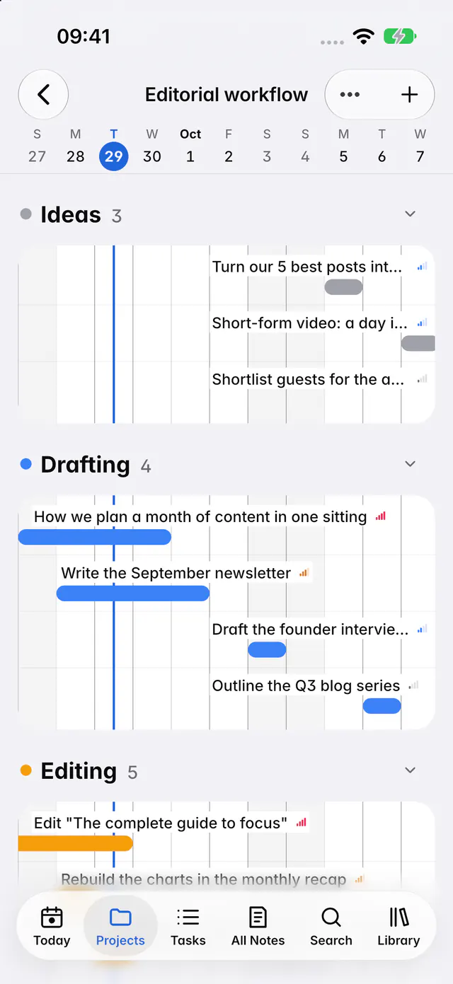 The board as a timeline, with each task as a bar across the dates (an iPhone)