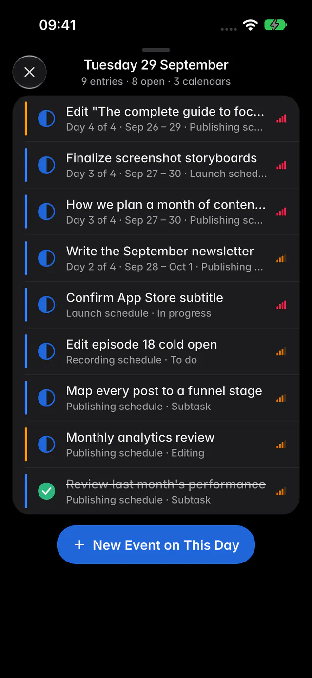 The entries of one day, with their status, dates and calendar (an iPhone)