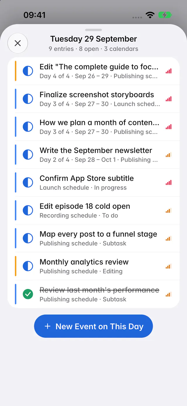 The entries of one day, with their status, dates and calendar (an iPhone)