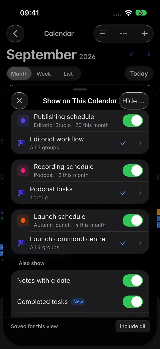 The Show on this calendar panel with calendars, boards and the Also show switches (an iPhone)