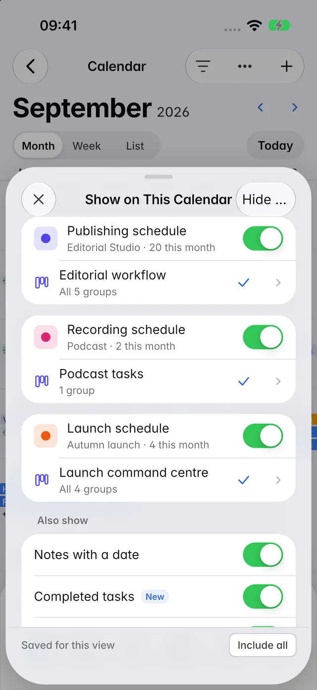 The Show on this calendar panel with calendars, boards and the Also show switches (an iPhone)