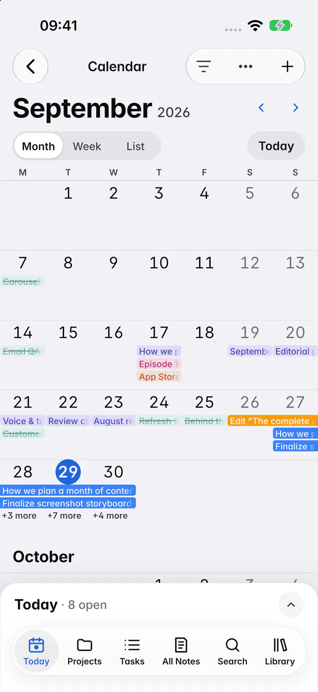 A calendar month with tasks on their days and multi-day tasks as bars (an iPhone)