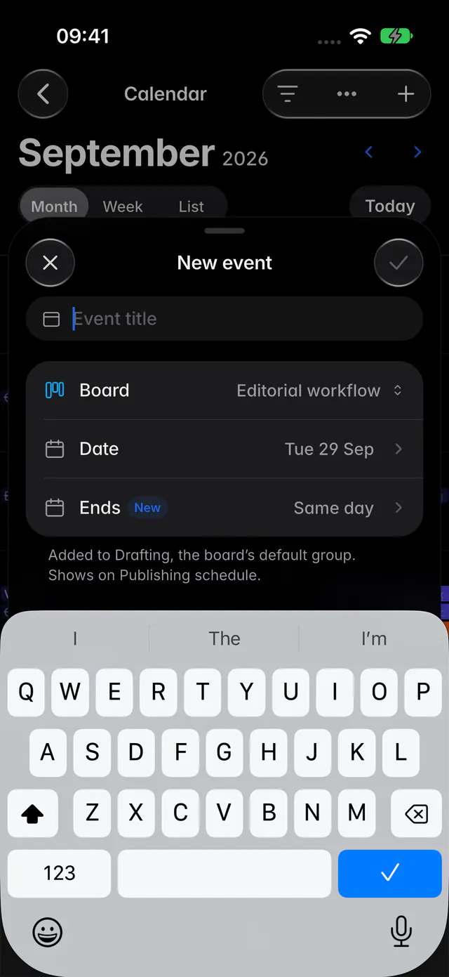 The New event form with a title, a board, a date and an optional end date (an iPhone)
