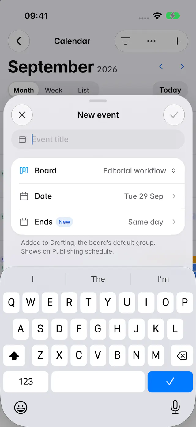The New event form with a title, a board, a date and an optional end date (an iPhone)