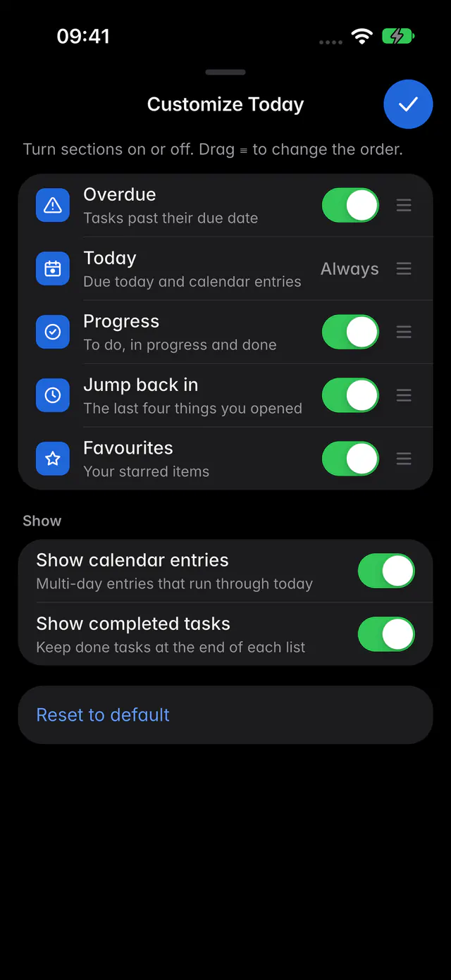The Customize Today panel with switches for each section and for calendar entries and completed tasks (an iPhone)