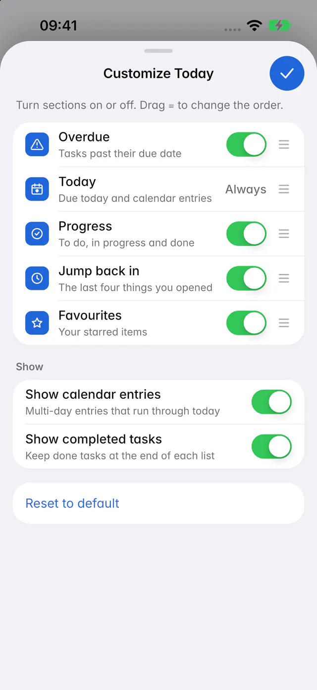 The Customize Today panel with switches for each section and for calendar entries and completed tasks (an iPhone)