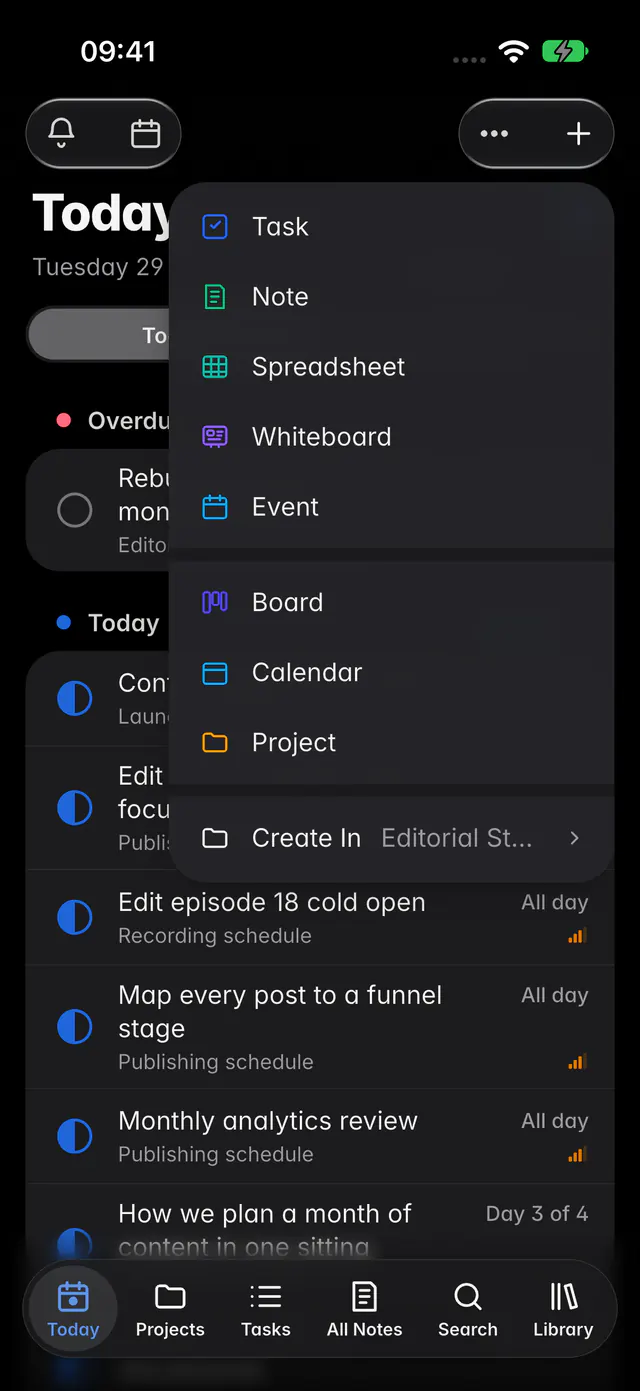 The New menu with Task, Note, Spreadsheet, Whiteboard, Event, Board, Calendar and Project (an iPhone)