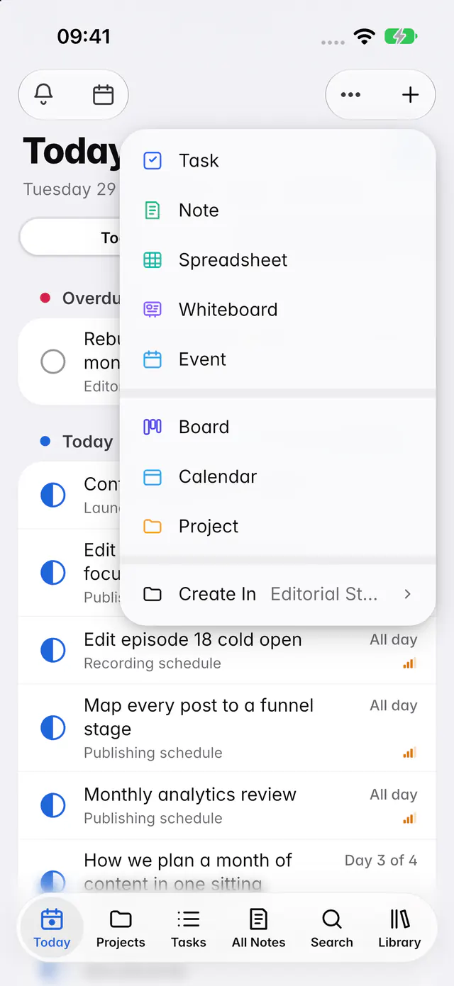 The New menu with Task, Note, Spreadsheet, Whiteboard, Event, Board, Calendar and Project (an iPhone)