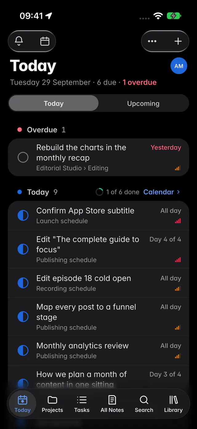 Today with one overdue task, the tasks due today and the day's progress (an iPhone)