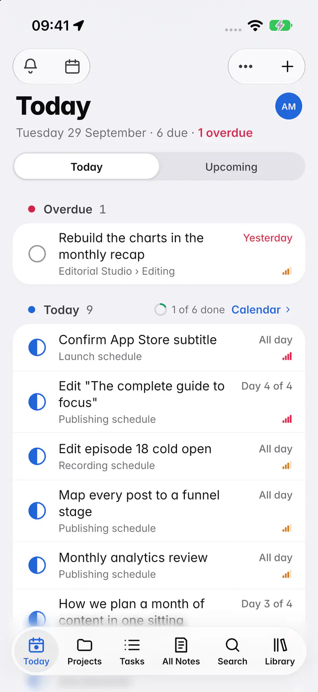 Today with one overdue task, the tasks due today and the day's progress (an iPhone)
