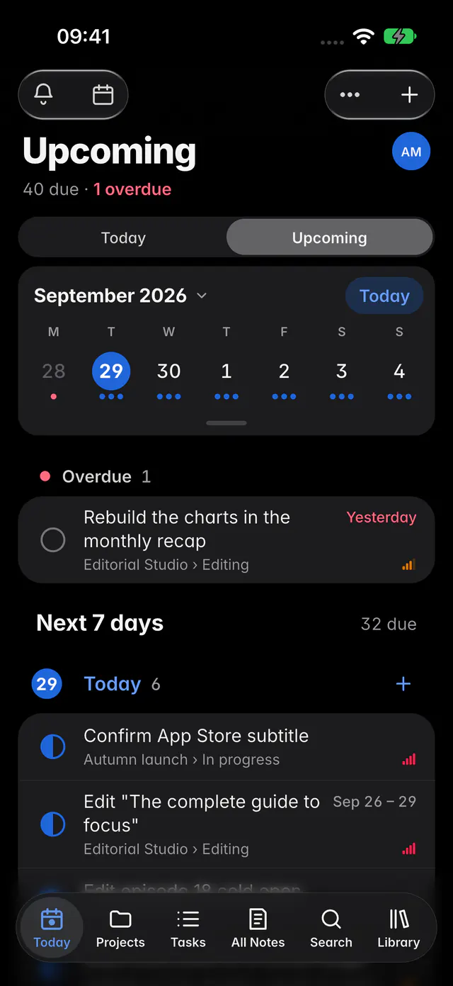 Upcoming with the week strip, an overdue task and the tasks for the next days (an iPhone)