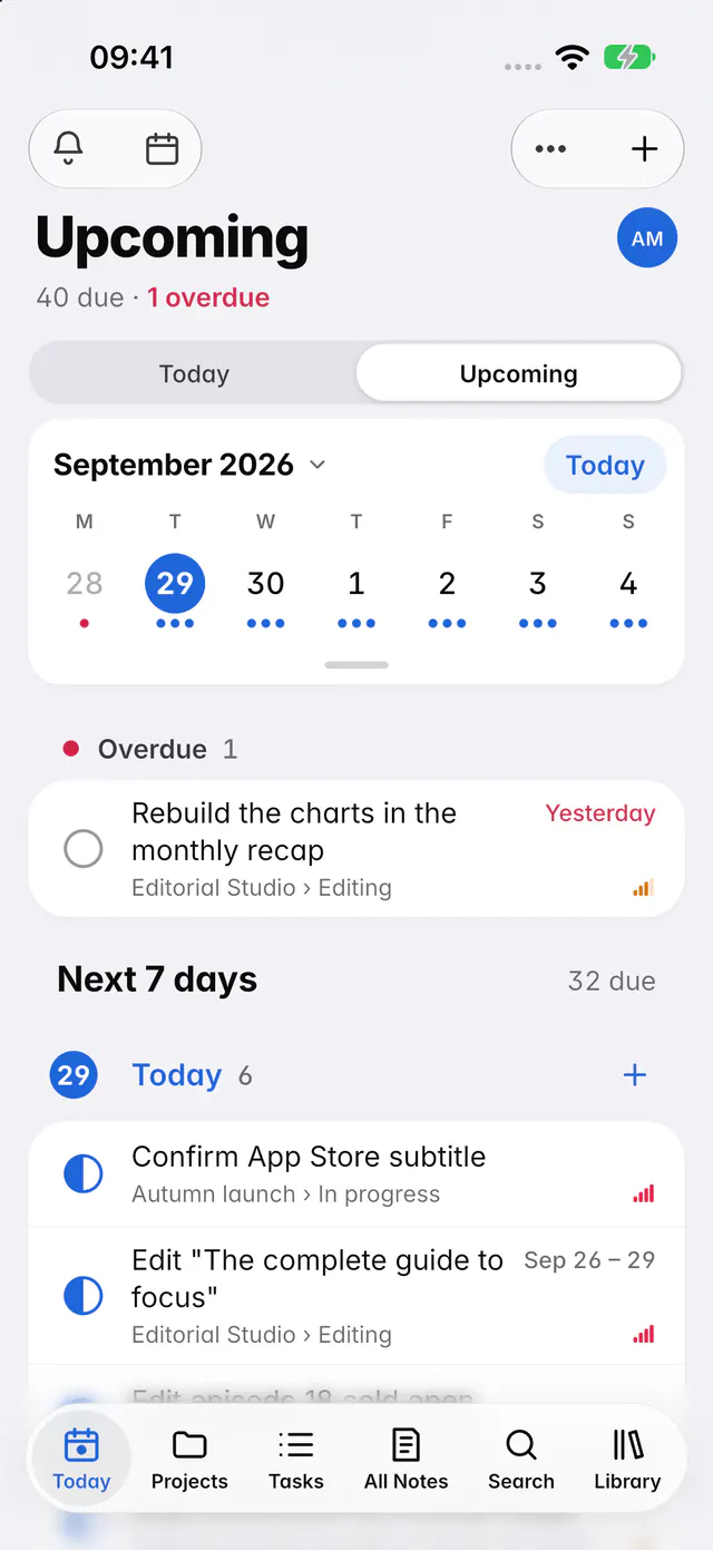 Upcoming with the week strip, an overdue task and the tasks for the next days (an iPhone)
