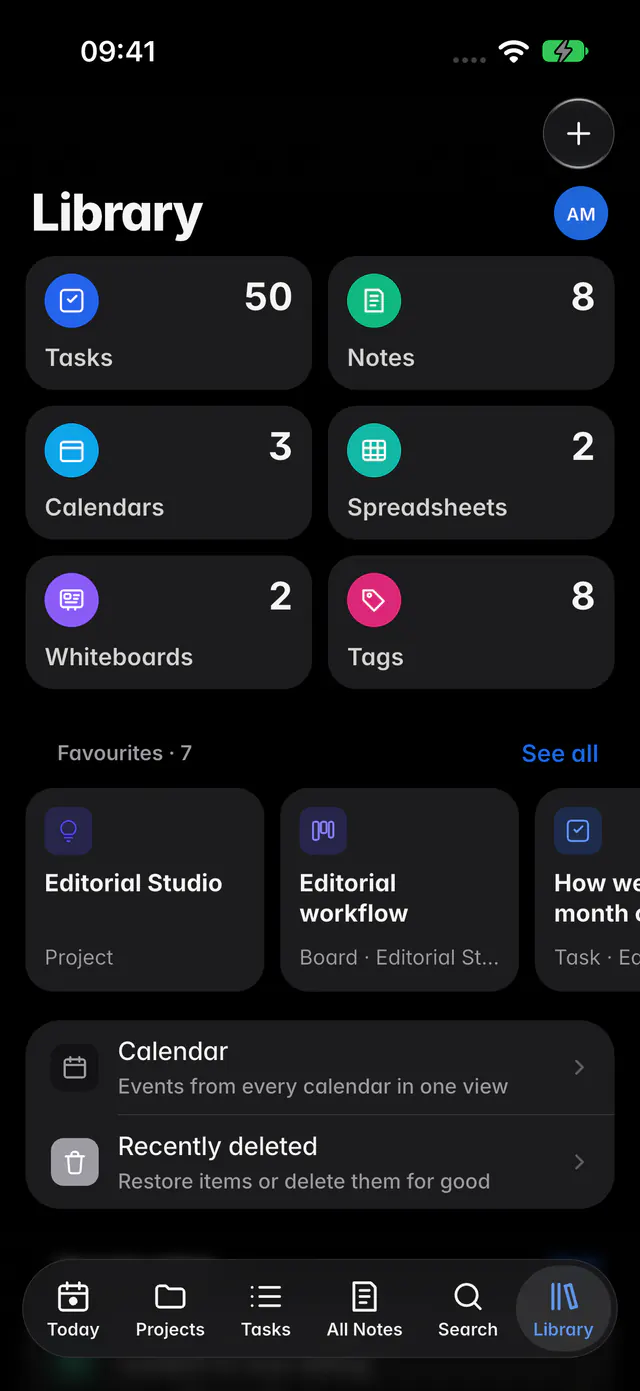 The Library with tiles for each kind of item, favourites and recently edited items (an iPhone)