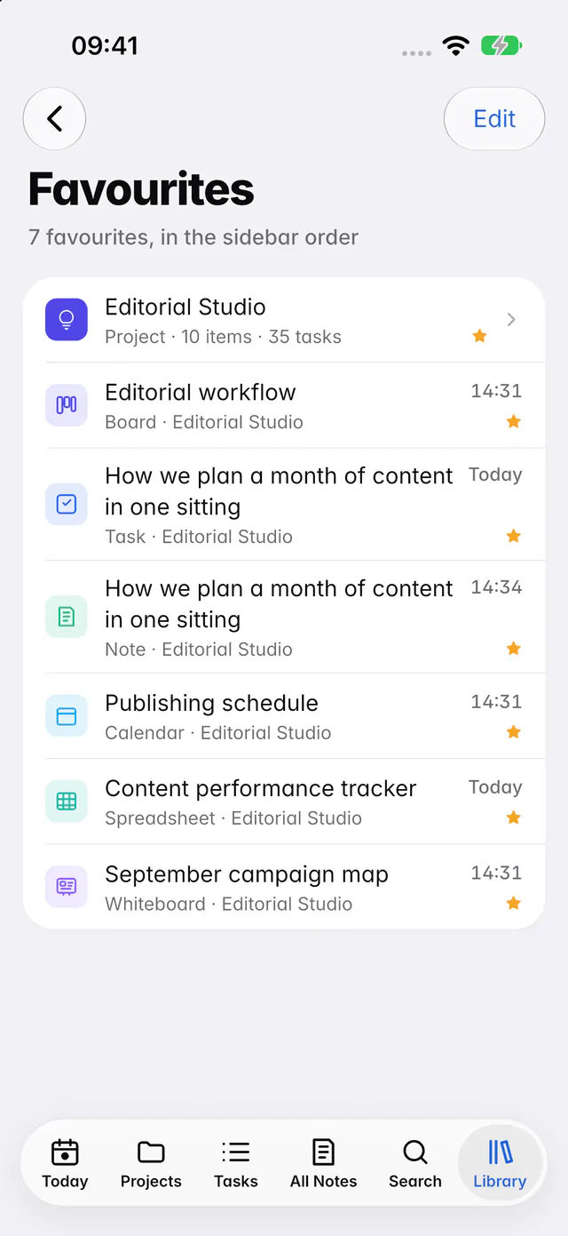 The Favourites list with a project, a board, a task, a note, a calendar, a spreadsheet and a whiteboard (an iPhone)