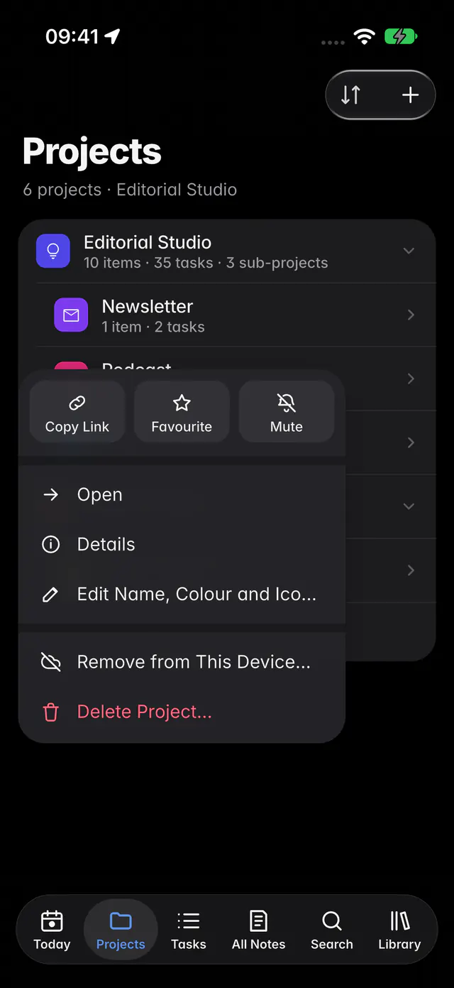 A project's menu with Open, New in project, Edit name, colour and icon, Copy link and Delete project (an iPhone)