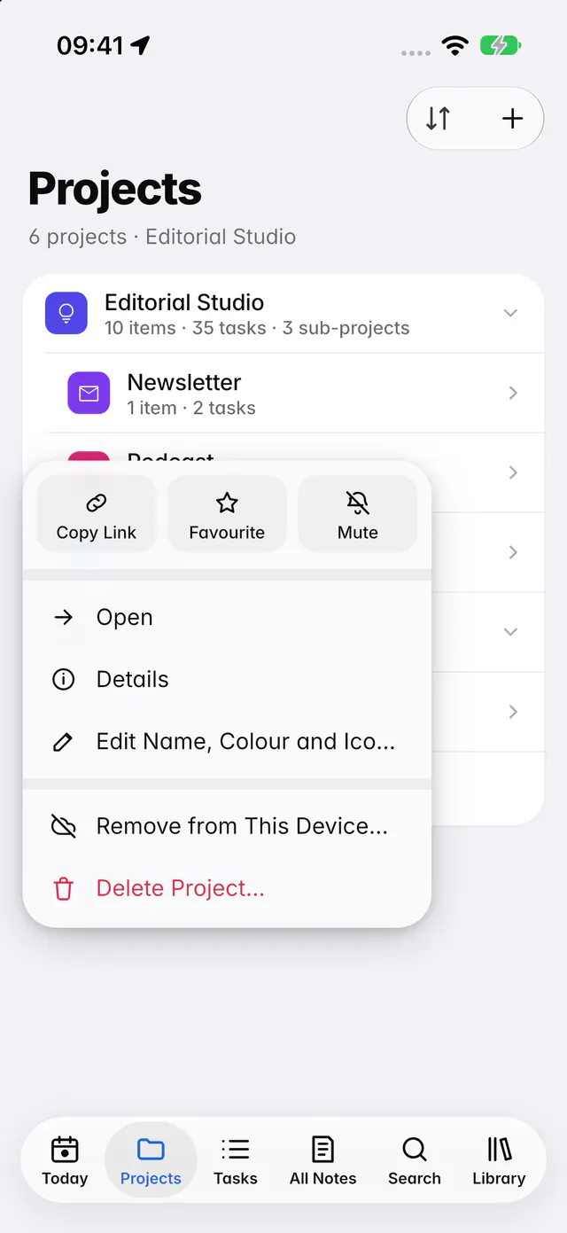 A project's menu with Open, New in project, Edit name, colour and icon, Copy link and Delete project (an iPhone)